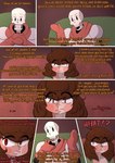 2022 absurd_res animated_skeleton armor bone brown_hair chara_(undertale) clothing comic darkynsfw dialogue duo english_text eyebrows female gloves hair handwear hi_res human male mammal not_furry orange_text papyrus_(undertale) red_eyes red_text skeleton teeth text undead undertale undertale_(series)