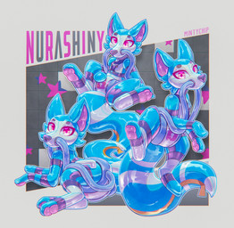 ambiguous_gender bdsm big_tail blue_body blue_tail bondage bound clothing collar diaper encasement feral glistening glistening_body glistening_latex group handles_on_hips hose hosesuit latex lock_symbol markings multicolored_body padded pawpads permanent pink_eyes pink_pawpads presenting rubbing_diaper sitting solo striped_markings striped_tail stripes stuck tail tail_markings tight_clothing trio zipper mintychipart nura_(nurashiny) animate_inanimate 2026 absurd_res digital_drawing_(artwork) digital_media_(artwork) hi_res krita_(artwork) shaded