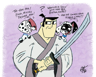 asian_clothing black_body black_fur black_hair black_nose black_paws black_spots blue_collar clothing collar east_asian_clothing facial_markings female feral floppy_ears fur group hair head_markings heterochromatic_ears holding_katana holding_melee_weapon holding_object holding_sword holding_weapon japanese_clothing katana kimono male markings mask_(marking) melee_weapon pink_inner_ear spots spotted_body spotted_fur sword text trio weapon white_body white_fur unclescooter 101_dalmatian_street 101_dalmatians cartoon_network disney samurai_jack dee_dee_(101_dalmatians) dizzy_(101_dalmatians) samurai_jack_(character) canid canine canis dalmatian domestic_dog human mammal 2021 crossover english_text