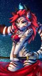 anthro asian_sword black_body black_fur blue_eyes breasts chest_tuft female fire fur hair holding_melee_weapon holding_object holding_sword holding_weapon horn katana looking_at_viewer melee_weapon multicolored_body multicolored_fur pink_nose red_hair smile solo striped_body striped_fur stripes sword tuft weapon white_body white_fur longdanger felid mammal pantherine tiger digital_media_(artwork) hi_res