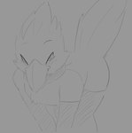 anthro armwear bent_over cheek_tuft clothing collar facial_tuft feathers head_tuft legwear looking_at_viewer male narrowed_eyes simple_background solo standing tail tail_feathers tuft hardscales avian absurd_res hi_res monochrome