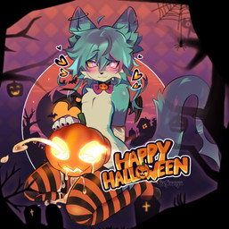 anthro blush bodily_fluids clothing cum cum_explosion cum_expulsion cum_inside_pumpkin food fruit genital_fluids glowing glowing_cum glowing_eyes heart_symbol hearts_around_head holidays legwear male membrane_(anatomy) membranous_wings nude plant pumpkin solo stockings unusual_bodily_fluids unusual_cum unusual_genital_fluids wings keshunya halloween hatoru_(hat0ru) canid canine fox mammal hi_res