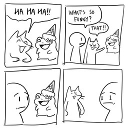 4_panel_comic ambiguous_gender answer black_eyes black_text dessert dialogue dot_eyes duo exclamation_point eyes_closed food gesture hand_gesture ice_cream laugh looking_at_another open_mouth open_smile paws pointing question question_mark simple_eyes smile speech_bubble talking_to_another text tongue whiskers flavia-elric amphibian domestic_cat felid feline felis frog mammal 1:1 2023 comic digital_media_(artwork) english_text hi_res monochrome