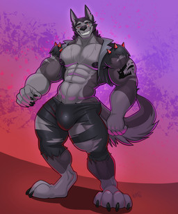 abs anthro bulge fur grey_body grey_fur male muscular muscular_anthro muscular_male nipples pecs red_sclera solo vexedlupine hellaverse helluva_boss mythology vortex_(helluva_boss) canid canid_demon canine demon hellhound mammal mythological_canine mythological_creature hi_res