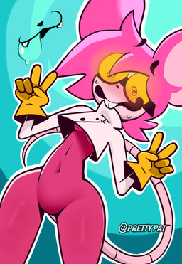 anthro big_teeth bodily_fluids bodysuit bottomless breasts clothed clothed_female clothing clothing_lift cyan_background drooling duo eyewear fangs featureless_crotch female female_focus gesture glasses gloves hair hair_over_eyes hand_gesture handwear huge_hips legs_together nerd nervous nervous_laugh nervous_smile nervous_sweat pink_body pink_clothing pink_hair pink_skin raised_hips rat_tail saliva short_hair simple_background skinsuit sky slim slim_female small_breasts spread_legs spreading sweat sweatdrop tail teeth thigh_gap tight_clothing tongue tongue_out topwear under_boob v_sign wearing_glasses wide_hips la_tiapat goommy_(goommymuffin) muffin_(goommymuffin) domestic_cat domestic_rat felid feline felis ghost mammal mouse murid murine rat rodent spirit hi_res