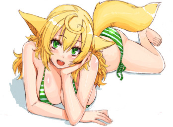 5_toes big_breasts bikini blonde_hair breasts butt clothed clothing feet female fingers fluffy fluffy_tail fur glistening glistening_body glistening_skin green_eyes hair hand_on_face happy long_hair looking_at_viewer lying simple_background solo swimwear tail toes translucent translucent_hair two-piece_swimsuit white_background yellow_body yellow_fur whooosaku kaori-san animal_humanoid canid canid_humanoid canine canine_humanoid fox_humanoid humanoid mammal mammal_humanoid 2017 aliasing digital_media_(artwork) sketch
