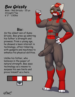 anthro athletic athletic_anthro athletic_male balls big_balls big_penis brown_body brown_fur dreadlocks erection fur genitals grey_eyes hair huge_penis humanoid_genitalia humanoid_penis male monocle_glasses muscular penis red_body red_fur red_hair text white_body white_fur bear213 bee_grizzly bear mammal english_text hi_res