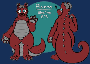 anthro back_spikes blue_eyes clitoris exclamation_point female fur genitals grey_body grey_horn grey_scales horn looking_at_viewer looking_back measurements multiple_poses no_pupils nude overweight overweight_anthro overweight_female pawpads pose pronouns raised_arm red_body red_fur scales simple_background solo spiked_tail spikes spikes_(anatomy) tail text thick_tail vulva trout_(artist) mythology plazma canid canine canis dragon hybrid mammal mythological_creature mythological_scalie scalie wolf 2020 aliasing alpha_channel character_name digital_media_(artwork) english_text hi_res model_sheet