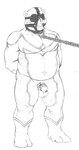 anthro ball_gag balls bdsm blindfold bodily_fluids chastity_cage chastity_device clothing collar drooling gag genital_fluids genitals hands_behind_back harness harness_gag humanoid_genitalia humanoid_penis leash leashed_collar male musclegut muscular muscular_sub muzzle_(object) nose_hook overweight overweight_sub penis phallic_chastity_device precum precum_bead saliva simple_background skinsuit slave snot solo standing submissive submissive_male three-quarter_view tight_clothing white_background aeobear bear mammal absurd_res hi_res line_art monochrome sketch