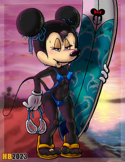 anthro beach bikini black_body black_fur clothing digit_ring eyewear feet female footwear fur gloves goggles handwear jewelry ribbons ring sandals seaside shoes solo sunset surfboard swimwear toe_ring toes two-piece_swimsuit wet wet_body hentai_boy_(artist) disney minnie_mouse house_mouse mammal mouse murid murine rodent hi_res