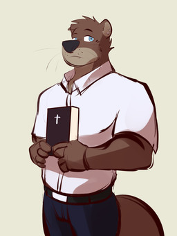 anthro belt bible_(object) black_nose blue_bottomwear blue_clothing blue_eyes blue_pants bottomwear christian_cross christian_symbol clothed clothed_male clothing cross ear_piercing ear_stud fully_clothed fully_clothed_male head_tuft holding_bible looking_at_viewer male male_anthro pants piercing religion religious_symbol shirt simple_background solo standing tail three-quarter_view topwear tuft whisker_spots whiskers white_background white_clothing white_dress_shirt white_shirt white_topwear ventkazemaru bible christianity echo_(game) echo_(series) echo_project sydney_bronson mammal mustelid otter 2025 3:4 absurd_res colored_sketch digital_media_(artwork) hi_res portrait shaded sketch three-quarter_portrait