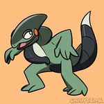 4_fingers 4_toes ambiguous_gender black_eyes black_tail feet fingers green_body looking_back open_mouth orange_background orange_cheeks pink_tongue simple_background solo standing tail toes tongue crantime_(artist) nintendo pokemon cyclizar generation_9_pokemon pokemon_(species) 1:1