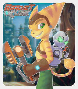 anthro backpack bottomwear clothed clothing duo fur gloves green_eyes handwear hat headgear headwear looking_at_viewer machine male pants poster poster_template smile standing stripes tail tail_tuft topless tuft weapon kaylafox ratchet_and_clank sony_corporation sony_interactive_entertainment clank_(ratchet_and_clank) ratchet_(ratchet_and_clank) lombax mammal robot digital_media_(artwork) hi_res shaded