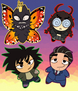2_antennae 4_wings accessory angry antennae_(anatomy) black_antennae black_bottomwear black_clothing black_hair black_jacket black_pants black_topwear blue_bottomwear blue_clothing blue_jacket blue_pants blue_topwear bottomwear braided_hair brown_eyes brown_hair chibi clenched_teeth closed_smile clothed clothed_human clothed_humanoid clothing crown eyebrows eyespots eyewear freckled_face freckles glasses gold_crown gradient_background green_clothing green_jacket green_shirt green_topwear hair headgear jacket light_body light_skin markings midriff missing_all_arms missing_all_legs missing_all_limbs mouth_closed multi_wing multicolored_wings necktie nerd obscured_eyes open_mouth orange_wings pants pattern_bottomwear pattern_clothing pattern_skirt pencil_skirt plaid plaid_bottomwear plaid_clothing plaid_skirt red_necktie shirt simple_background skirt smile smug solo spiral_glasses tan_body tan_skin teeth tied_hair topwear wearing_glasses white_clothing white_shirt white_topwear wings wrapped_arms wraps bileshroom disney hoppers_(disney) pixar jerry_generazzo mabel_tanaka scarlet_moss titus_(hoppers) animal_humanoid arthropod arthropod_humanoid butterfly human humanoid insect insect_humanoid lepidopteran lepidopteran_humanoid mammal moth_humanoid