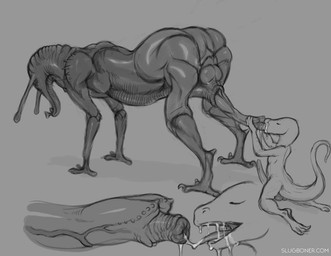 anthro anthro_on_feral balls bestiality bodily_fluids cum cum_in_mouth cum_in_partner's_mouth cum_inside cum_on_face cum_on_partner cum_on_partner's_face duo erection eyes_closed eyestalks fellatio feral genital_fluids genitals kissing kneeling male male/male oral oral_on_backwards_penis penile penis penis_backwards penis_kissing sex standing tail unusual_anatomy unusual_genitalia unusual_penis vein veiny_penis xenophilia oddbird alien lizard reptile scalie digital_media_(artwork) monochrome