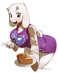 2_horns anthro big_breasts blush breasts butt chest_tuft choker clothed clothing cute_fangs cutlery dress fangs female floppy_ears food fork fur furgonomics holding_fork holding_object holding_plate horn jewelry kitchen_utensils leaning leaning_forward looking_at_viewer lop_ears necklace open_mouth open_smile pastry pie plate short_dress short_tail simple_background smile solo tail teeth tools tuft white_background white_body white_fur wide_hips rabbitadvisory undertale undertale_(series) toriel boss_monster_(undertale) bovid caprine mammal absurd_res digital_media_(artwork) hi_res signature