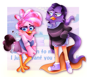 anthro avian_feet beak black_body black_feathers blue_clothing blue_dress_shirt blue_eyes blue_sweater blue_topwear blush blush_lines bottomwear brown_eyes clothing confession cosplay crossover_cosplay duo eyebrows feather_hair feathers female feral footwear hand_on_hip hand_on_own_hip hands_together looking_at_another multicolored_body multicolored_clothing multicolored_feathers multicolored_footwear multicolored_shoes orange_beak pattern_clothing pattern_sweater pattern_topwear pink_body pink_bow pink_dress_shirt pink_feather_hair pink_feathers pose pseudo_hair purple_body purple_bottomwear purple_clothing purple_feather_hair purple_feathers purple_footwear purple_shoes purple_skirt purple_sneakers purple_tail purple_tail_feathers raised_eyebrow romantic_confession shoes skirt sleeveless_sweater sneakers striped_clothing striped_sweater striped_topwear stripes sweater tail tail_feathers topwear two_tone_body two_tone_clothing two_tone_feathers two_tone_footwear two_tone_shoes geraptichkina angry_birds angry_birds_stella disney ducktales ducktales_(2017) rovio_entertainment sega the_angry_birds_movie gale_(angry_birds) lena_(ducktales) stella_(angry_birds) webby_vanderquack avian bird cockatoo galah oscine parrot passerine starling_(bird) violet-backed_starling 2019 crossover digital_media_(artwork)