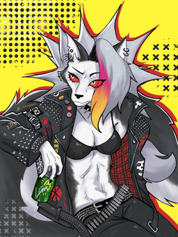 alternative_fashion anthro beverage beverage_can bottomwear breasts can clothed clothing collar container ear_piercing ear_ring female fingers fur hair holding_can holding_container holding_object jacket open_clothing open_jacket open_topwear pantis_pull pants piercing punk punk_hair red_sclera ring_piercing simple_background sitting solo topwear white_body white_fur zzommie hellaverse helluva_boss mythology loona_(helluva_boss) canid canid_demon canine demon hellhound hybrid mammal mythological_canine mythological_creature 3:4 digital_media_(artwork) hi_res
