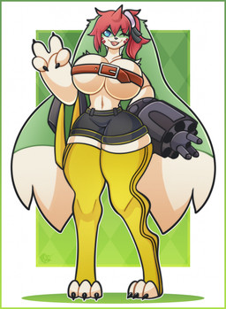 after_transformation anthro belt big_breasts blue_eyes bottomwear breasts clothing female gun_arm hair huge_breasts leggings legwear looking_at_viewer navel one_eye_closed open_mouth red_hair shorts solo thick_thighs topwear weapon_arm wink winking_at_viewer rudytheshark bandai_namco digimon digimon_story:_cyber_sleuth ami_aiba digimon_(species) gargomon 2025 digital_media_(artwork) hi_res