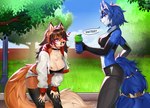 anthro athletic_wear big_breasts bottomwear breasts clothing duo ear_piercing exercise female female/female gym_bottomwear gym_shorts park piercing shorts sportswear summer tired_look sofit nintendo star_fox krystal_(star_fox) canid canine fox mammal hi_res