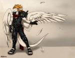 anthro clothing feathered_wings feathers male melee_weapon simple_background solo sword tail weapon wings cerezo mythology siegfried angel angel_dragon dragon feathered_dragon feathered_scalie mythological_creature mythological_scalie scalie