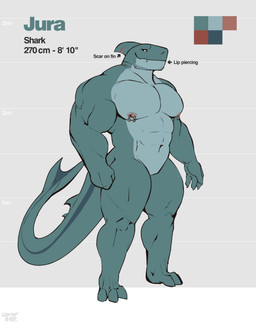 3_toes abs anthro beard biceps calf_muscles countershading deltoids facial_hair facial_piercing feet fin forearm_muscles lip_piercing looking_at_viewer male muscular muscular_arms muscular_legs muscular_male nipple_piercing nipples nude pecs piercing scar smile solo tail tail_fin toes aviesergal jura_(aviesergal) aquatic fish shark hi_res model_sheet