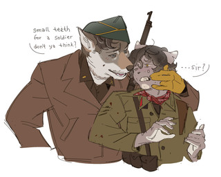 anthro blood blood_on_clothing blue_eyes bodily_fluids brown_hair clenched_teeth clothing duo fur gloves grey_body grey_fur grey_skin hair handwear hat headgear headwear holding_another insignia kerchief looking_at_another male markings military_uniform mole_(marking) notched_ear one_eye_closed pointy_ears short_hair side_cap simple_background snout speech_bubble sweat teeth text uniform white_body white_fur yellow_eyes ddcrushh aldo_raine dylan_(ddcrushh) canid canine canis coyote felid feline mammal digital_drawing_(artwork) digital_media_(artwork) hi_res trans_(lore) trans_man_(lore)