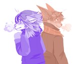 4_ears anthro breath clothed clothing duo ears_back female fur glistening glistening_eyes hair male mouth_closed multi_ear pivoted_ears scarf short_hair simple_background standing topwear corzh77 mythology dragon furred_dragon furred_scalie mythological_creature mythological_scalie scalie species_request