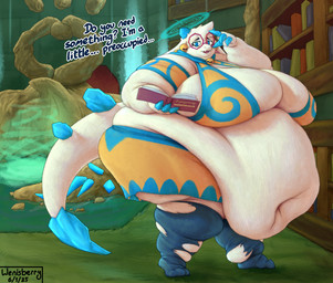 4_fingers anthro bell belly big_belly big_breasts blue_eyes book breasts claws clothing crystal eyelashes eyewear fat_arms female fingers footwear fur glasses holding_book holding_object huge_belly huge_breasts hyper hyper_belly hyper_breasts library looking_at_viewer love_handles morbidly_obese morbidly_obese_anthro morbidly_obese_female navel obese obese_anthro obese_female overweight overweight_anthro overweight_female round_glasses solo tail text torn_clothing torn_footwear white_body white_fur wenisberry atlyss mythology angela_flux hybrid kubold_(atlyss) lagomorph mammal mythological_creature mythological_scalie oathkin_(atlyss) poon_(atlyss) scalie 2025 colored detailed digital_drawing_(artwork) digital_media_(artwork) english_text hi_res signature
