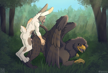 anthro anthro_on_feral anthro_penetrating anthro_penetrating_feral ass_up beak bestiality bodily_fluids brown_body brown_ears brown_feathers brown_fur brown_wings butt cheek_tuft cum cum_in_vagina cum_inside cum_on_leg dipstick_ears duo ear_markings erection facial_tuft fangs feathered_wings feathers female female_penetrated feral feral_penetrated fur genital_fluids genitals glistening glistening_eyes gloves_(marking) grass interspecies larger_female larger_penetrated looking_back lying male male/female male_on_feral male_penetrating male_penetrating_female markings multicolored_ears neck_tuft on_front open_mouth outside penetration penis pink_eyes pink_penis plant scut_tail sex short_tail shrub side_view size_difference smaller_male tail teeth tongue tongue_out tree tuft vaginal vaginal_penetration white_body white_ears white_fur wings yellow_beak skyelegs mythology bec_the_rabbit avian gryphon lagomorph leporid mammal mythological_avian mythological_creature rabbit 2020 dated hi_res signature