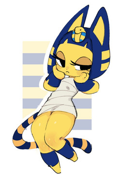 anthro blue_hair eyelashes female frown fur hair half-closed_eyes hand_on_face markings narrowed_eyes pattern_background short_hair simple_background solo striped_background striped_markings striped_tail stripes tail tail_markings thick_thighs uraeus white_background wide_hips yellow_body yellow_fur lemyawn animal_crossing nintendo ankha_(animal_crossing) domestic_cat felid feline felis mammal 2022 full-length_portrait portrait