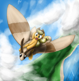 antennae_(anatomy) blonde_hair clothing duo female feral flying freckles green_hair hair hat headgear headwear lake open_mouth outside rope sky water otakuap friendship_is_magic hasbro my_little_pony applejack_(mlp) fluffy_the_bringer_of_darkness arthropod earth_pony equid equine horse insect lepidopteran mammal moth pony 2014 absurd_res hi_res