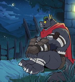 4_toes ankle_wraps anthro arm_fur arm_pouch arm_wraps armband biceps black_hair bottomwear brick_wall broken_fence brown_clothing brown_gloves brown_handwear claws clothing cloud crescent_moon deltoids eye_scar facial_scar feet fence field finger_claws fingerless_gloves fur gloves gold_ear_ring green_highlights grey_body grey_bottomwear grey_clothing grey_fur grey_shorts hair handwear highlights_(coloring) hill lamp leaf male moon muscular muscular_anthro muscular_male night outside plant plantigrade red_scarf scar scarf shorts sitting sitting_on_ground sky solo star starry_sky tail toe_claws toes tree triceps tusks wall_(structure) wraps yellow_sclera sollyz anothereidos_of_dragon_vein_r dickert_(anothereidos_r) canid canine canis mammal wolf 2025 hi_res