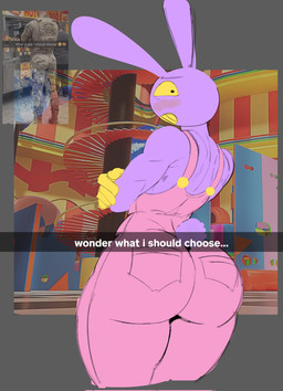 5_fingers anthro big_butt blush butt clothing crossed_arms femboy fingers fur gloves handwear long_ears looking_back male overalls pink_clothing pink_overalls purple_body purple_fur rear_view small_tail solo tail text yellow_clothing yellow_gloves yellow_handwear freeposers_(artist) glitch_productions the_amazing_digital_circus jax_(tadc) lagomorph leporid mammal rabbit 2026 digital_drawing_(artwork) digital_media_(artwork) english_description english_text hi_res