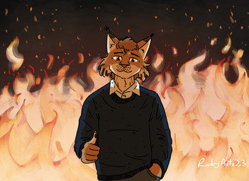 amber_eyes anthro clothing collared_shirt countershade_face countershading fire fur gesture hand_gesture hand_in_pocket looking_at_viewer male pawpads pockets shirt smile solo sweater tan_body tan_fur thumbs_up topwear ricky_arts inktober eurasian_lynx felid feline humanoid lynx mammal 2023