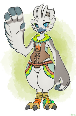 anthro beak black_beak blue_eyes blush blush_stickers clothed clothing facial_tuft feather_hair feather_hands feathers feet fully_clothed gesture looking_at_viewer male pseudo_hair solo talons toes tuft waving waving_at_viewer white_body white_feathers wings toolatefortacos nintendo tears_of_the_kingdom the_legend_of_zelda tulin_(tloz) avian rito hi_res