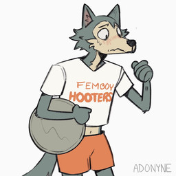 angry anthro biped blush bodily_fluids bottomwear clothing crop_top embarrassed fur grey_body grey_fur holding_object hooters_uniform male midriff navel shirt shorts simple_background solo sweat sweatdrop tank_top text text_on_clothing text_on_shirt text_on_tank_top text_on_topwear topwear white_background adonyne beastars femboy_hooters hooters legoshi_(beastars) canid canine canis mammal wolf 1:1 2020 alternate_version_at_source english_text hi_res signature