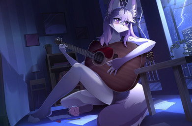 acoustic_guitar anthro biped blush bottomwear claws clothed clothed_anthro clothed_female clothing feet female fingers front_view fully_clothed fully_clothed_anthro fully_clothed_female fur guitar hair inside musical_instrument paws plucked_string_instrument sitting solo string_instrument tail toes topwear window sleepyhelen canid canine fox mammal 2026 digital_drawing_(artwork) digital_media_(artwork) hi_res
