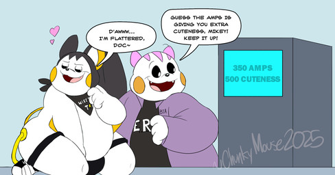anthro big_butt black_sclera bottomwear bottomwear_down bulge butt check_up clothed clothing coat dialogue doctor duo electrical_plug electricity eyebrows fangs flattered floating_eyebrows footwear grey_clothing grey_ears grey_kerchief grey_markings grey_neckerchief grey_shirt grey_tail grey_topwear heart_symbol hotpants inspection kerchief kneeling logo_on_clothing machine male markings medical membrane_(anatomy) membranous_wings mostly_nude multicolored_ears multicolored_tail name_on_clothing narrowed_eyes neckerchief neckwear open_mouth overweight overweight_male pants pants_down partially_clothed pink_ears pink_markings purple_clothing purple_coat purple_topwear raised_eyebrow shirt shirtless shoes shorts simple_background speech_bubble tail teeth text topwear white_body white_eyes white_inner_ear winged_arms wings wire yellow_cheeks yellow_inner_ear yellow_tail yellow_wings chonkymouse nintendo pokemon mikey_(chonkymouse) zerek_(chonkymouse) emolga generation_4_pokemon generation_5_pokemon pachirisu pokemon_(species) 2025 colored dated english_description english_text hi_res signature watermark