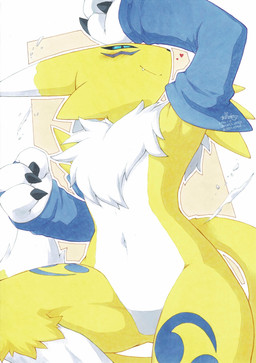 3_fingers ambiguous_gender anthro arm_above_head armwear armwear_only biped black_nails black_nose black_sclera blue_armwear blue_bridal_gauntlets blue_clothing blue_eyes blue_markings blush bridal_gauntlets cheek_tuft chest_tuft claws clothing colored_nails crotch_lines dipstick_tail double_tomoe facial_tuft featureless_crotch fingers flat_chested fluffy fluffy_tail front_view fur leg_markings looking_at_viewer markings mostly_nude multicolored_body multicolored_fur multicolored_markings multicolored_tail nails narrowed_eyes navel paws pose raised_arm simple_background smile snout socks_(marking) solo tail tail_markings text tomoe_(symbol) tuft two_tone_body two_tone_fur two_tone_markings two_tone_tail white_body white_fur white_markings white_tail yellow_body yellow_fur yellow_tail akabane_jin bandai_namco digimon canid canine digimon_(species) mammal renamon 2026 absurd_res artist_name dated hi_res signature traditional_media_(artwork)