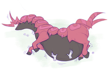 after_vore ambiguous_gender belly belly_rub big_belly black_belly feral horn lying on_side red_body red_horn red_legs simple_background solo vore white_background eluven nintendo pokemon generation_5_pokemon pokemon_(species) scolipede 2026