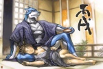 alcohol anthro asian_clothing beverage biceps big_muscles blue_body blue_fur clothed clothing duo east_asian_clothing eyes_closed female food fur japanese_clothing kimono male muscular pecs sake sleeping text unknown_artist power_rangers power_rangers_spd doggie_kruger canid canine canis domestic_dog human mammal japanese_text translation_request