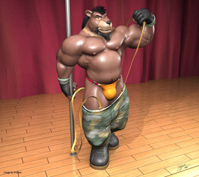 anthro beard biceps big_muscles biped black_hair boots bottomwear brown_body brown_eyes brown_fur bulge camo camo_bottomwear camo_clothing camo_pants camo_print clothed clothing facial_hair fingerless_gloves footwear fur gloves goatee hair handwear male musclegut muscular muscular_anthro muscular_male nipples on_stage pants pattern_bottomwear pattern_clothing pattern_pants pecs pole shoes slightly_chubby solo speedo stage stage_curtains stripper suspenders swimwear tail thong topless underwear undressing vein braford sarge_(braford) bear brown_bear grizzly_bear mammal ursine 3d_(artwork) digital_media_(artwork)