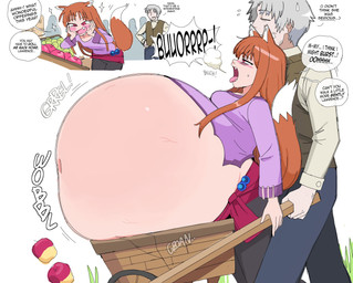 apple belly big_belly blush blush_lines bodily_fluids burping clothing dialogue drooling duo fangs female food fruit grey_hair hair huge_belly hyper hyper_belly immobile male open_mouth open_smile orange_hair overeating plant rumbling_stomach saliva short_hair smile sound_effects stuffing tail teeth text tongue tongue_out wardrobe_malfunction wheelbarrow lewdlemage spice_and_wolf holo_(spice_and_wolf) animal_humanoid canid canid_humanoid canine canine_humanoid human humanoid mammal mammal_humanoid wolf_humanoid 2025 character_request english_text hi_res