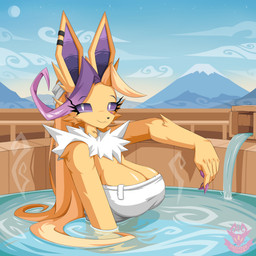 anthro big_breasts breasts claws clothed clothing female fur hair hot_spring landscape looking_at_viewer mountain onsen partially_submerged smile solo steam towel water yellow_body yellow_fur krampuscorner nintendo pokemon canid canine canis eeveelution generation_1_pokemon jolteon mammal pokemon_(species) absurd_res digital_media_(artwork) hi_res
