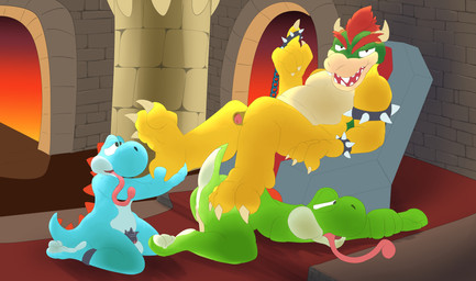 belly big_belly cage castle chair chastity_cage chastity_device dominant dominant_male erection feet furniture genitals group long_tongue male male/male nude overweight overweight_male penis sex slave slightly_chubby submissive submissive_male tail throne tongue trio pricethecamel mario_bros nintendo bowser dinosaur green_yoshi koopa prehistoric_species reptile scalie yoshi absurd_res hi_res