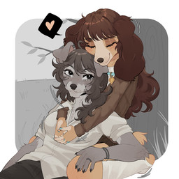 5_fingers anthro biped bottomwear breasts brown_body brown_fur brown_hair brown_tail claws clothed clothed_anthro clothed_female clothing collar crossgender duo ear_piercing eyes_closed female female/female finger_claws fingers front_view fully_clothed fully_clothed_anthro fully_clothed_female fur grey_body grey_fur grey_hair hair hug hugging_another hugging_from_behind mtf_crossgender outside pants piercing shirt sitting smile tail topwear raccoattack disney lady_and_the_tramp lady_(lady_and_the_tramp) tramp_(lady_and_the_tramp) american_cocker_spaniel bird_dog canid canine canis cocker_spaniel domestic_dog hunting_dog mammal spaniel 2026 digital_drawing_(artwork) digital_media_(artwork) hi_res