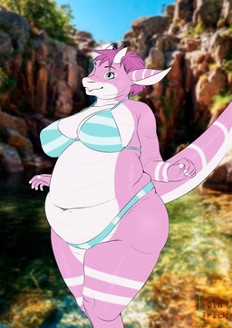 anthro belly big_breasts bikini blue_eyes breasts clothing deep_navel female hair horn long_ears looking_up mole_on_belly navel nipple_outline nipples non-mammal_breasts non-mammal_navel non-mammal_nipples overweight overweight_anthro overweight_female pink_body pink_hair pose scales small_horn smile solo swimwear tail thick_thighs two-piece_swimsuit ventral_scales wide_hips dintrick mythology dragon mythological_creature mythological_scalie scalie absurd_res hi_res
