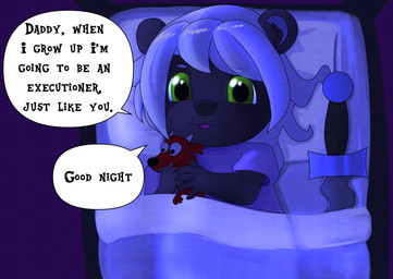 anthro bed clothing dagger dialogue female furniture happy melee_weapon night pajamas smile solo text toddler toy weapon young young_anthro raindancer mammal mustelid otter english_text