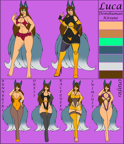 armwear big_breasts blep bodysuit boots border bottomwear breasts bunny_costume clothed clothed_female clothed_humanoid clothing costume dress elbow_gloves female fluffy fluffy_tail footwear fox_ears gloves grey_clothing grey_legwear grey_thigh_boots grey_thigh_highs hair handwear high_heeled_boots high_heels legwear leotard long_hair looking_at_viewer miniskirt multi_tail multicolored_bodysuit multicolored_clothing multicolored_skinsuit one-piece_swimsuit pantyhose purple_border shoes skinsuit skirt solo swimwear tail teal_eyes text thigh_boots thigh_highs thong tight_clothing tongue tongue_out two-piece_swimsuit underwear yellow_armwear yellow_bottomwear yellow_clothing yellow_elbow_gloves yellow_footwear yellow_gloves yellow_handwear yellow_high_heels yellow_legwear yellow_leotard yellow_skirt yellow_thigh_boots yellow_thigh_highs yellow_thong yellow_underwear koekoek luca_(koekoek) animal_humanoid canid canid_humanoid canine canine_humanoid fox_humanoid humanoid mammal mammal_humanoid 2026 english_text hi_res model_sheet